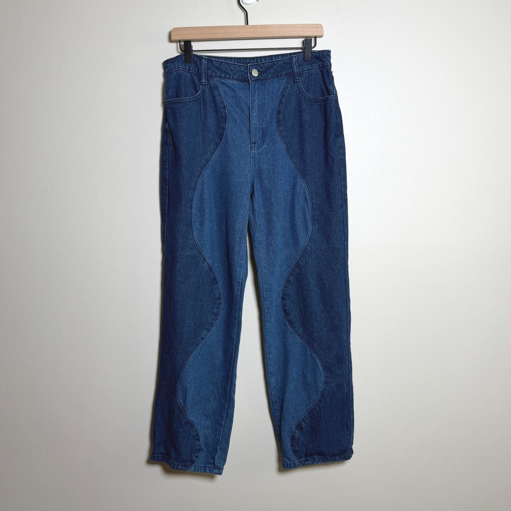 Le Lis Collection Womens Two Tone‎ Curved Panel Straight Leg Jeans Blue Size L